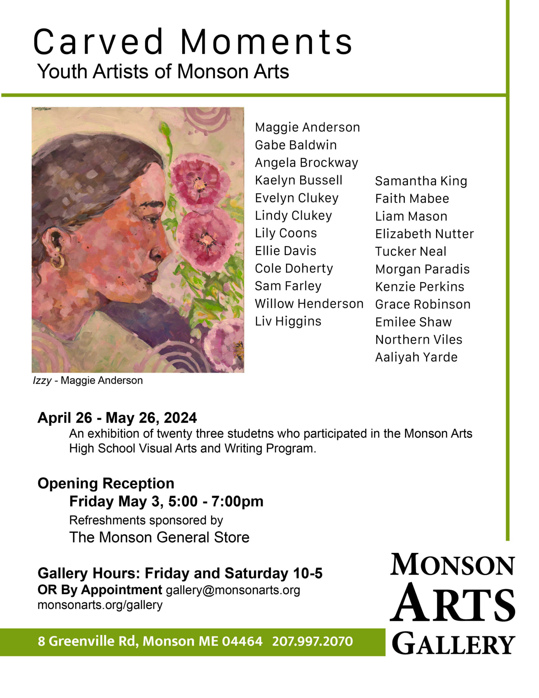 Flyer showing a painting of a girl looking at flowers 